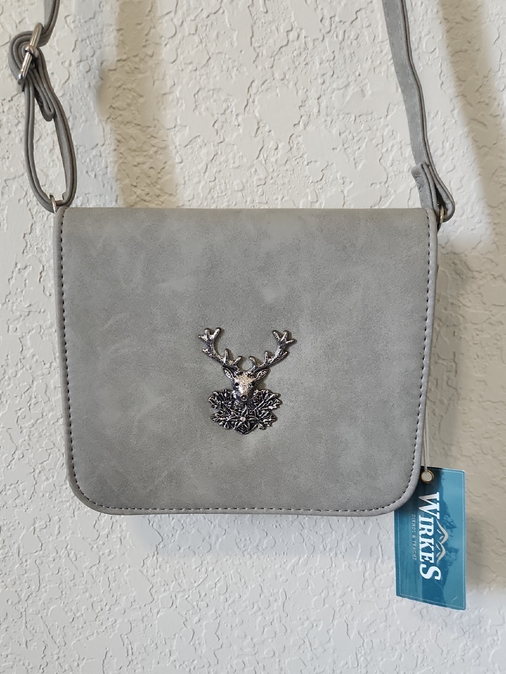NWT Gray Suede Crossbody Bag with Deer Emblem And Rhinestones